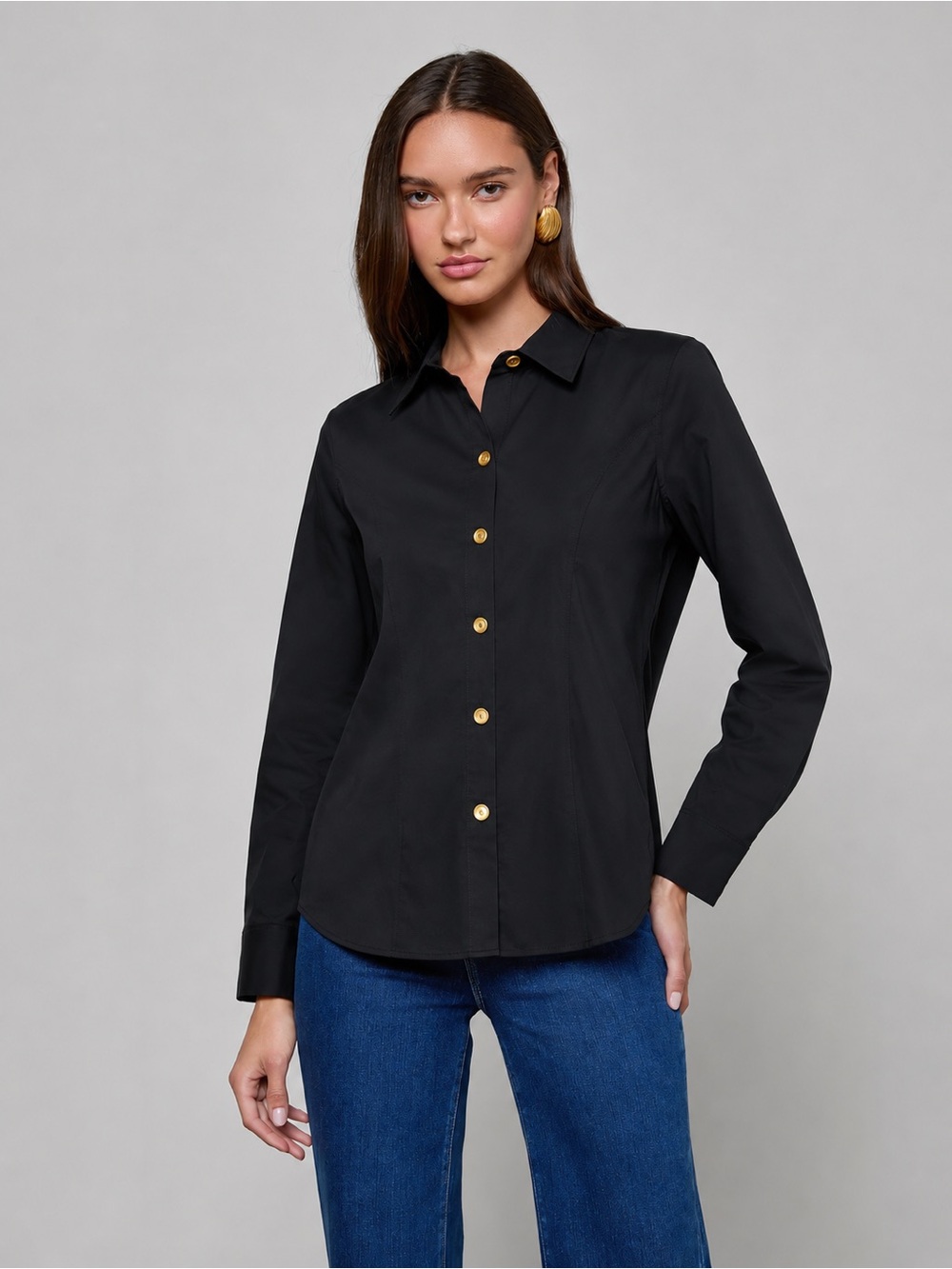 St. John Sport Marie Gray Velour Gold Button Button-Up Shirt Black Women Size S